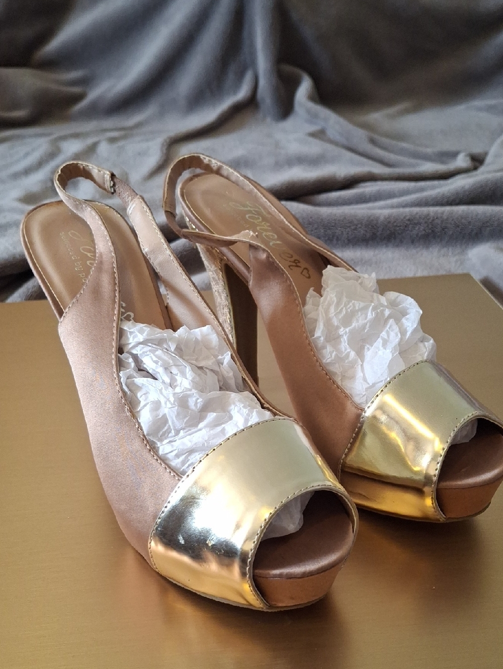 Forever By Paula Abdul Women’s Slingback Peep-Toe Heels in Metallic Gold